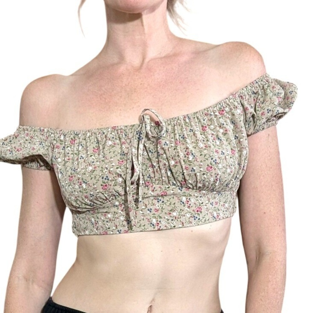 MABLE Floral Off Shoulder Crop Top Smocked Puff Sleeve Tie Front Cottagecore S